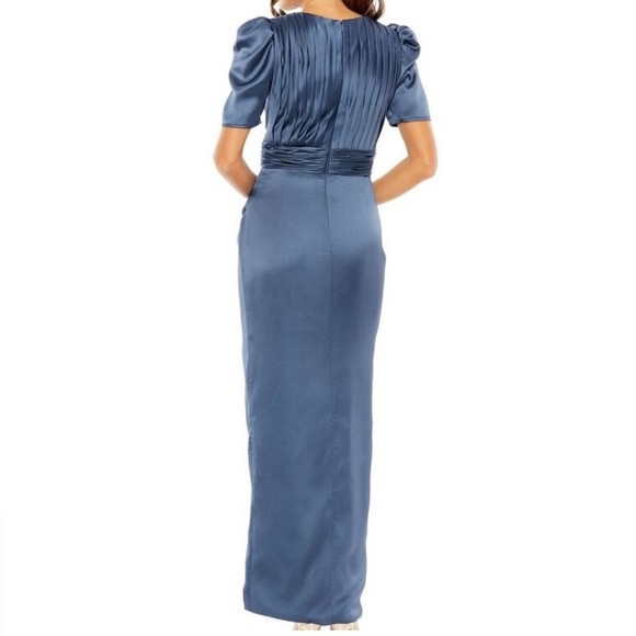MAC DUGGAL PUFF SLEEVE PLEATED BODICE DRAPED GOWN IN MIDNIGHT BLUE SIZE 14 - Picture 15 of 16